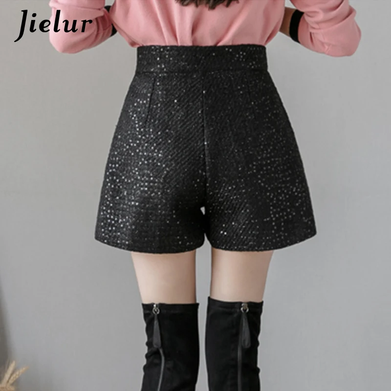 Jielur Women Shorts Autumn Winter  Slim High Waist Shorts Black Womens Sequin Chic Korean Pockets Short Trousers S-XXL