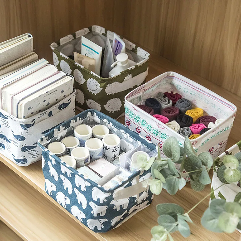 Linen Desktop Storage Basket Sundries Toy Storage Box Laundry Basket Underwear Cosmetic Organizer Office Stationery Organizer