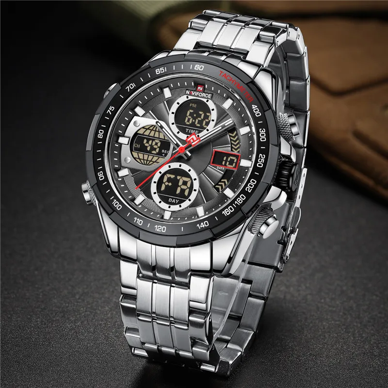 NAVIFORCE Top Brand Luxury Classic Men Watch Quartz Digital Male Clock Military Sport Silver Stainless Steel Man Wristwatch 9197