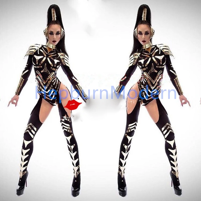 Nightclub bar new futuristic black technology female warrior costume singer gogo DS dance clothes for show performance set