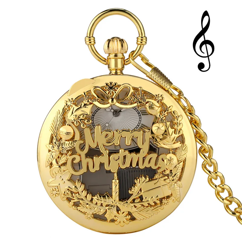 

Antique Merry Christmas Musical Watch Men Women Quartz Analog Pocket Watches with Song Music Fob Clock Pendant Chain Xmas Gift