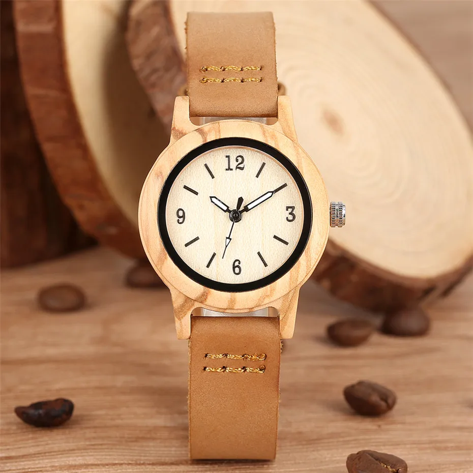 Brown Genuine Leather Wooden Watch for Lady Elegant Women\'s Watch Luxury Wooden Quartz Timepiece New Arrival 2019 reloj femenino