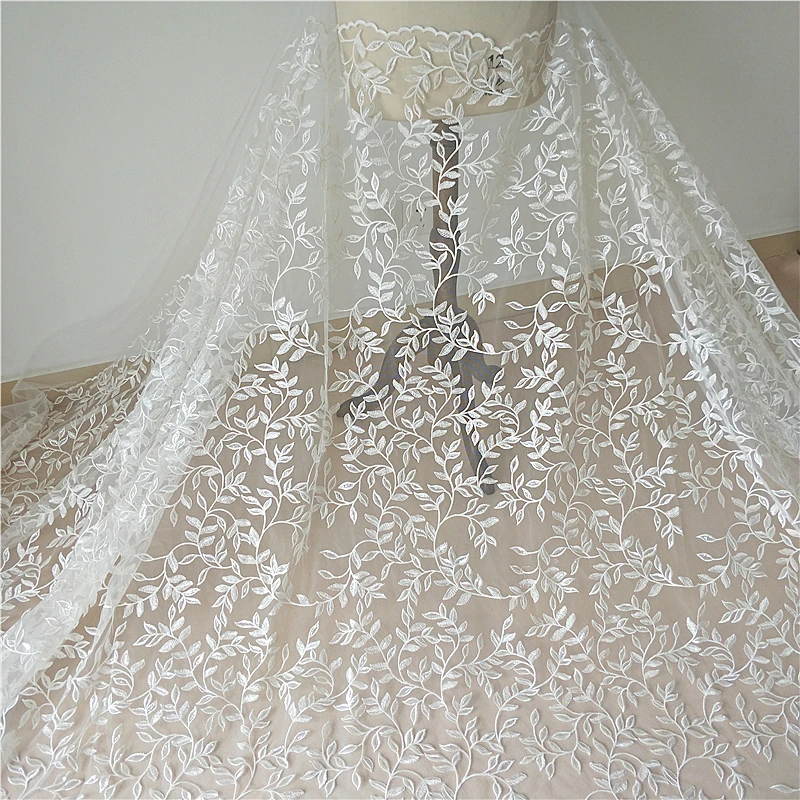 New Embroidery leaf shape Design French Tulle fabric lace for dress