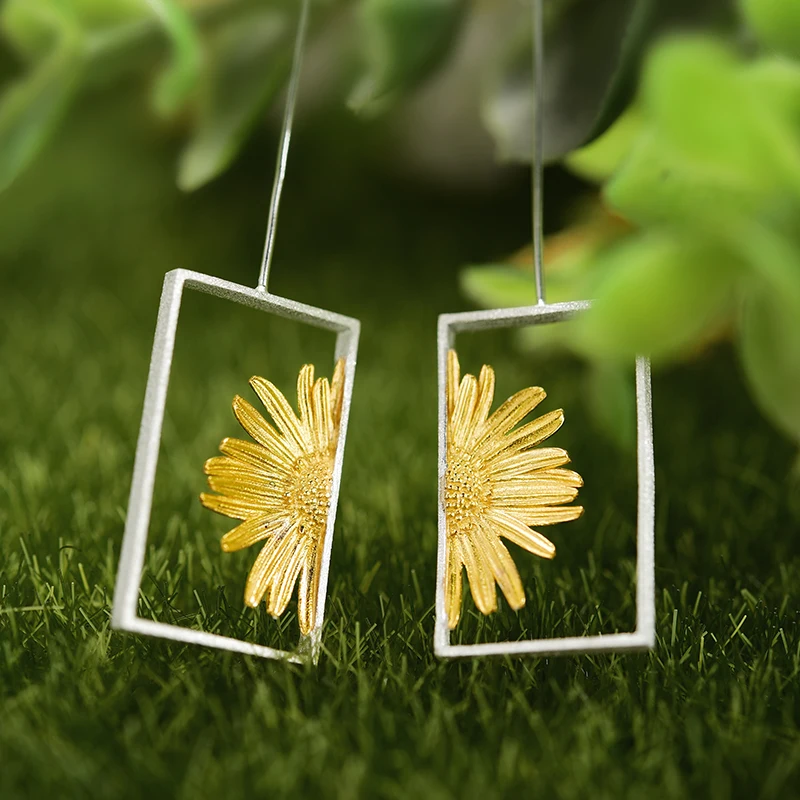 Lotus Fun Daisy in the Sun Flower Rectangle Dangle Earrings Real 925 Sterling Silver Earrings for Women Handmade Fine Jewelry