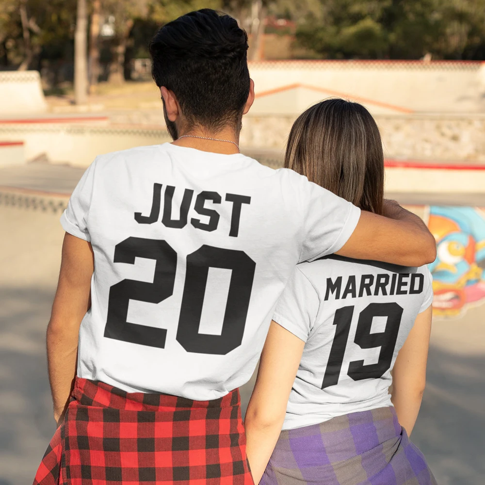 Just Married Custom Cotton T-shirt Casual Unisex Newlywed Matching Couples Tshirt Funny Honeymoon Wedding Gift Tee Top For Women