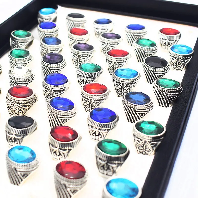 20 Pcs/lot Vintage Stone Ring for Women Men Fashion Jewelry Mix Color Silver Plated Punk Statement Retro Ring for Party Gift
