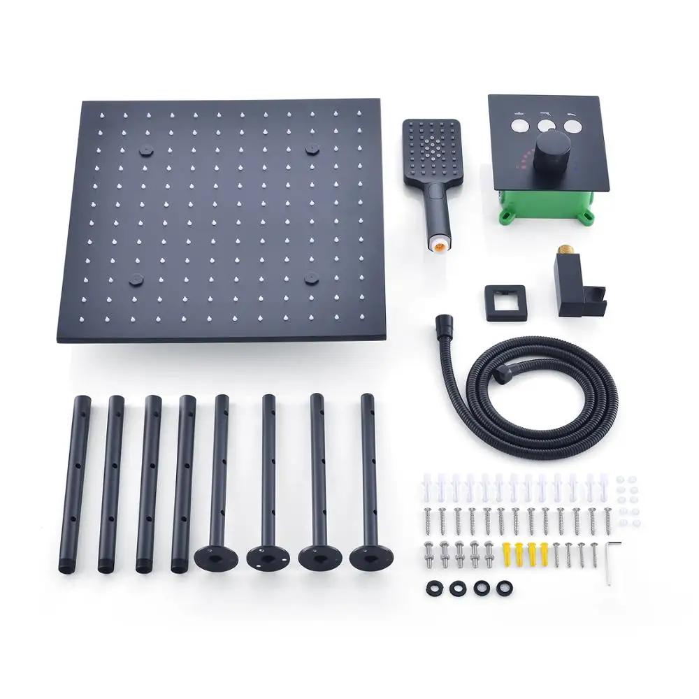 High Quality Plating Matt Black LED 16/20inch Shower Head Set Tap Button Constant Temperature Valve Mixer Switch Faucet