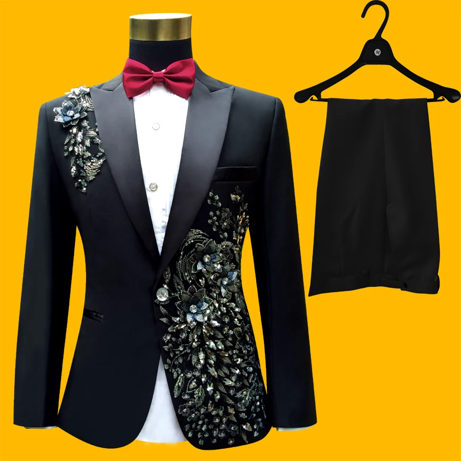 (jacket+pants+bow tie) male suit set blazer crystals white stones performance formal dress red black prom groom party dress