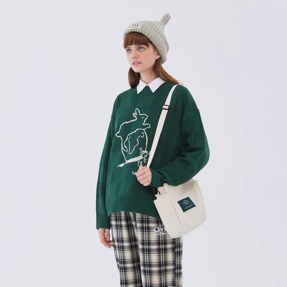 Long Sleeve Kawaii Cartoon Couple Clothes Knitted Green Sweater Harajuku Women Clothing Pull Homme Tops Nice Pullover Sweter