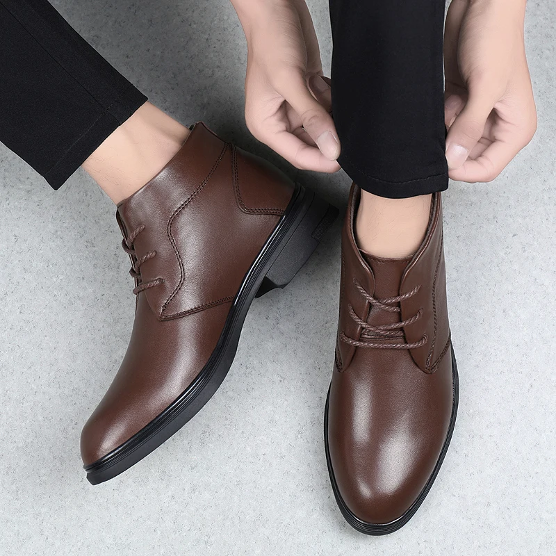 Male Down Winter Keep Warm Thickening Middle Age Man Cotton-padded Shoes Formal Shoes High-top Genuine Leather Business Shoes