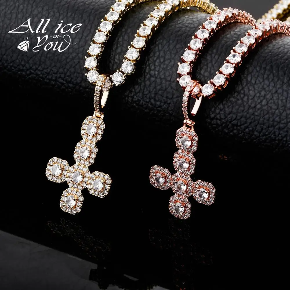 ALLICEONYOU New Silver-color Iced Out Cubic Zircon Fashion Cross Crystal Pendant&Necklace Hip Hop Fashion Jewelry Female Gift