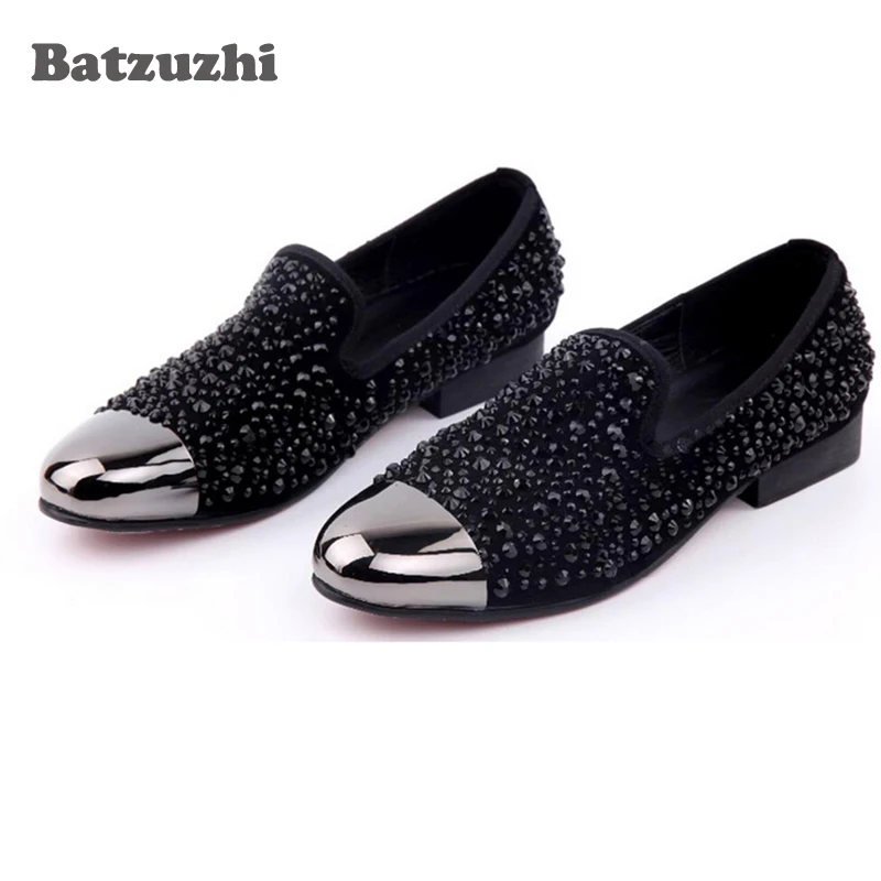 

Handmade Rhinestone Men Shoes Suede Black Crystal Rhinestone Loafers Party Wedding Men Shoes Metal Tip Men's Flats black Crystal