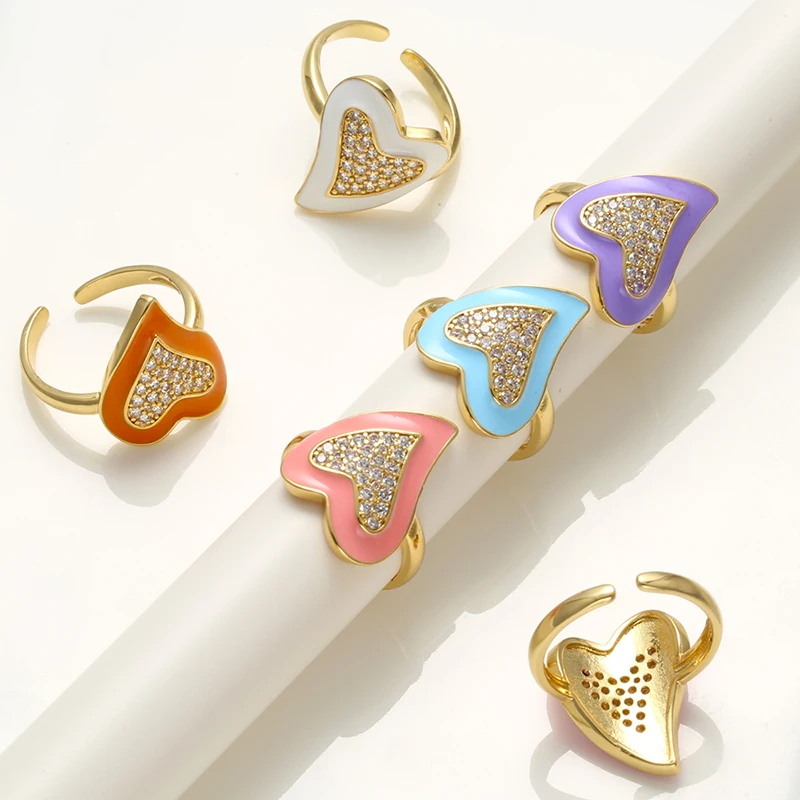ZHUKOU Trendy Irregular big Heart Ring for women gold color CZ Crystal Dripping oil Enamel women opening Ring wholesale VJ188