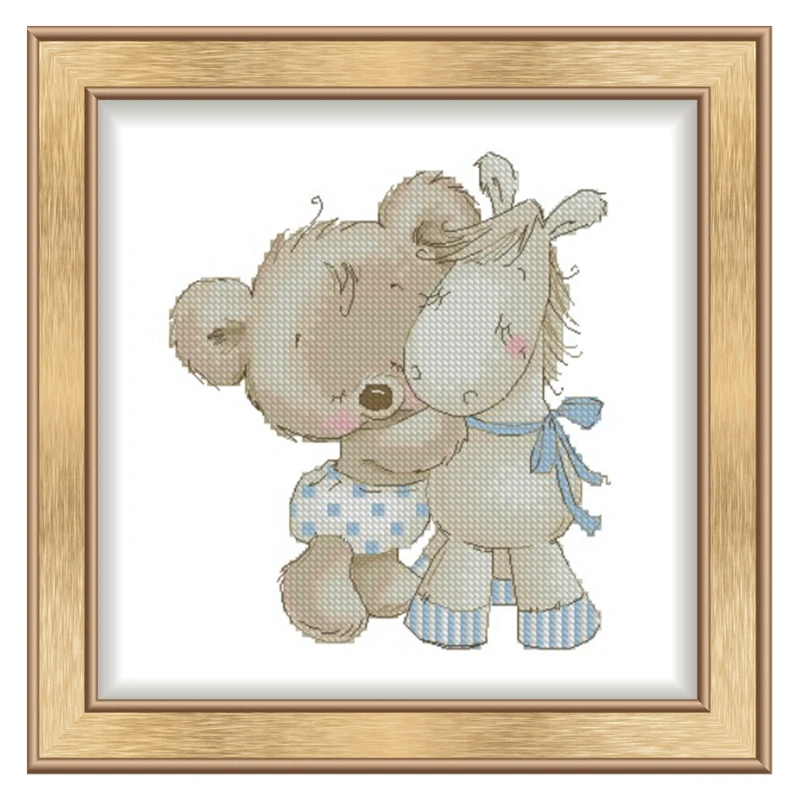 Cute Cartoon Cross Stitch Kit Chinese Embroidery Material Package 11CT Printed Cloth Bear and Horse Animal