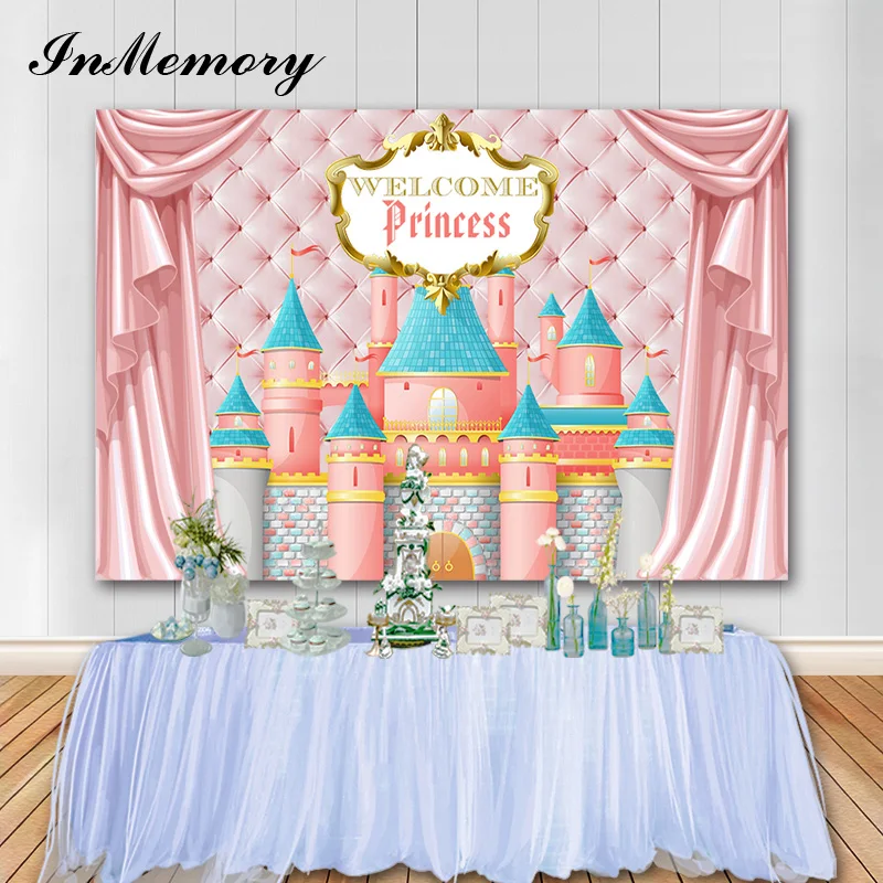 

InMemory Pink Castle Baby Shower Photographic Background Princess Girl Birthday Party Backdrops Photo Studio Props Photophone