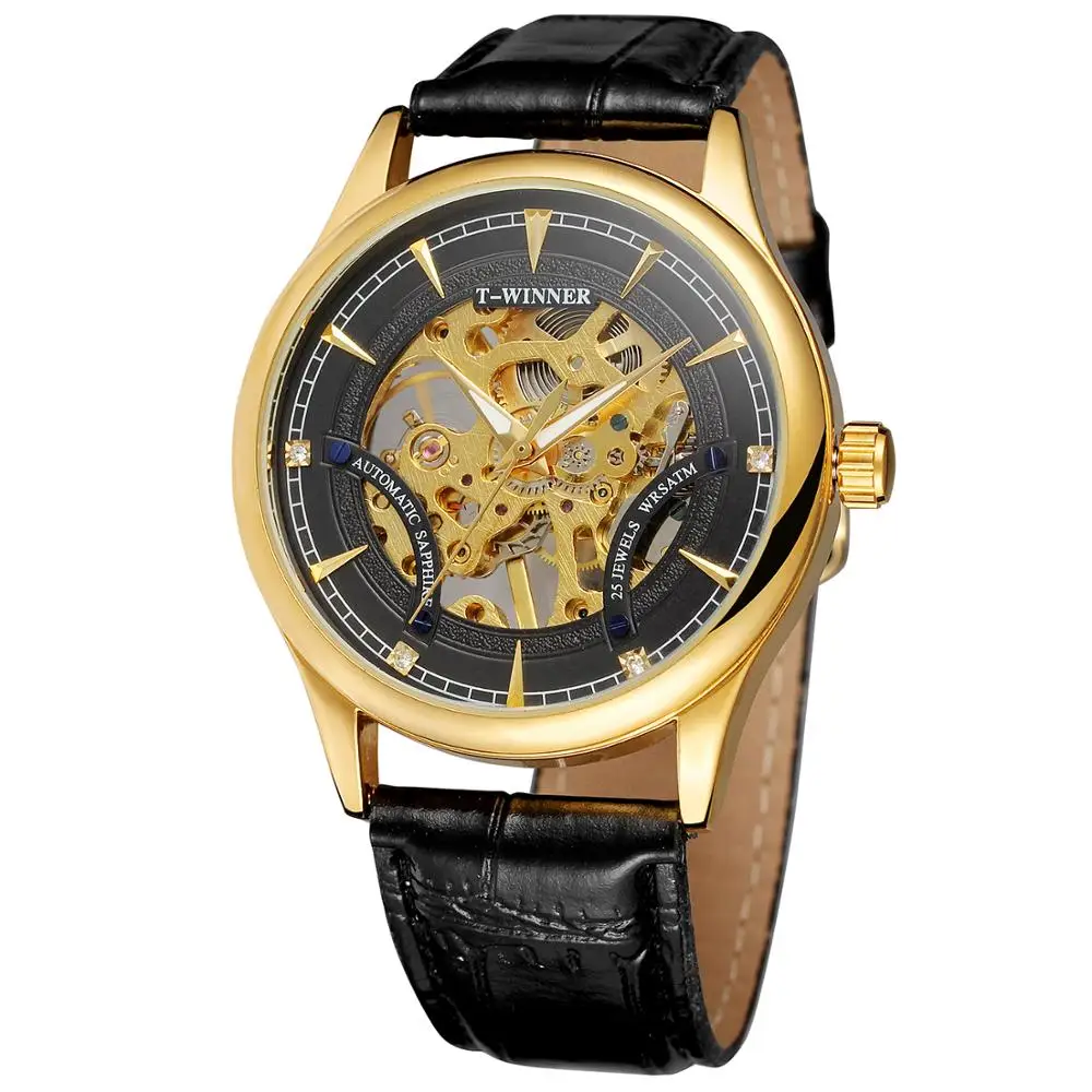 WINNER WATCH Fashion Men\'s Watch Golden Hollow Design Black Dial and Strap Automatic Mechanical Watch Festival Gift