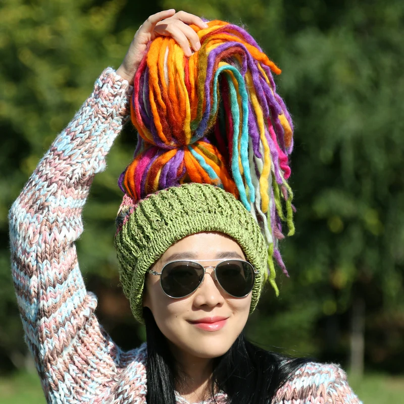 TIYIHAILEY Free Shipping 2022 New Fashion Hand Made Wool Winter Warm Hats Women Colorful Skullies With Braid High Quality