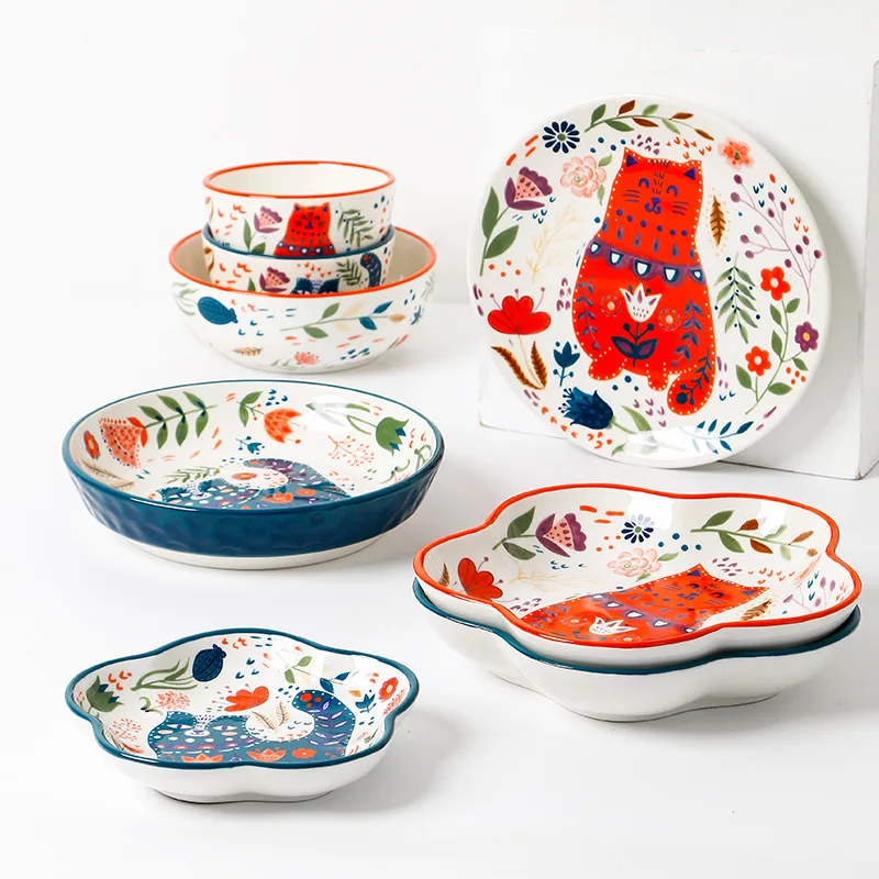 

Ceramic tableware, European painted dinner plate, deep plate, rice bowl, noodle bowl, dish plate, creative flower plate