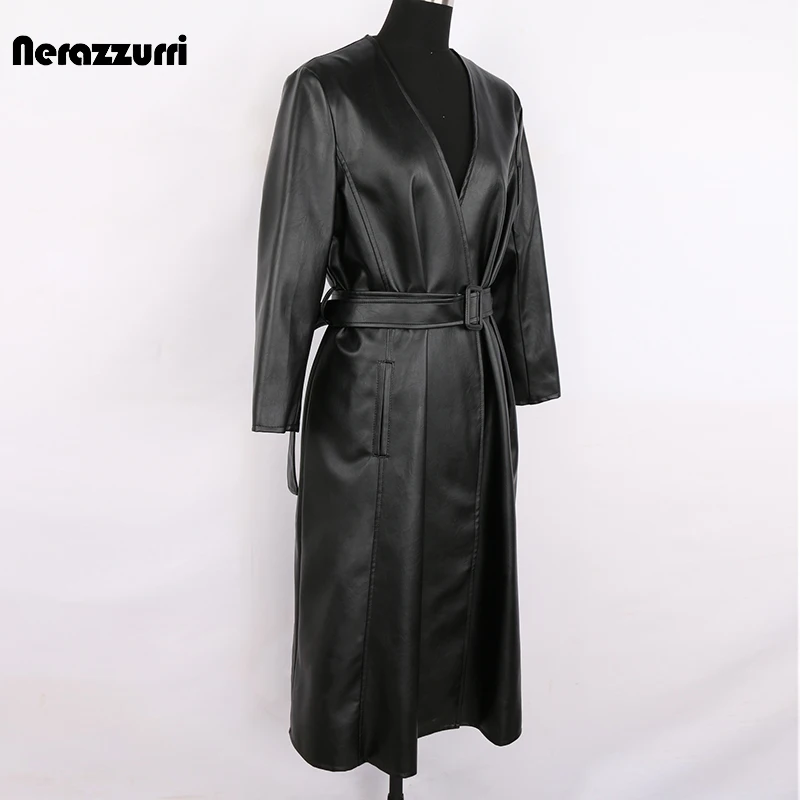 Nerazzurri Spring Autumn Long Pu Leather Trench Coat Women 3/4 Sleeve Deep V Neck Belt Stylish Korean Fashion 4xl 5xl 6xl 7xl