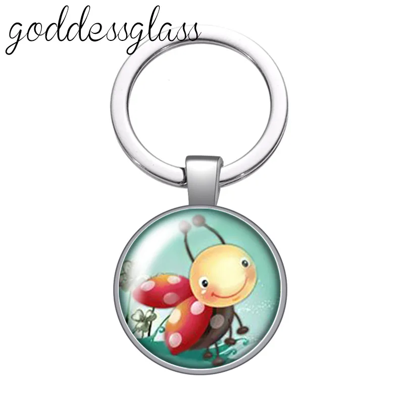 Cute Lovely Ladybug dots insect animals Round glass cabochon keychain Bag Car key chain Ring Holder Charms keychains for gift