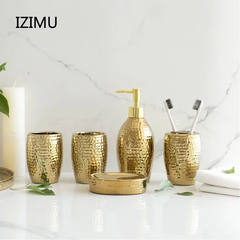 IZIMU Nordic Lxury Ceramic Toiletries Gargle Brushing Cup Golden Bathroom Five-piece Set Toilet Bathroom Soap Dispenser Set