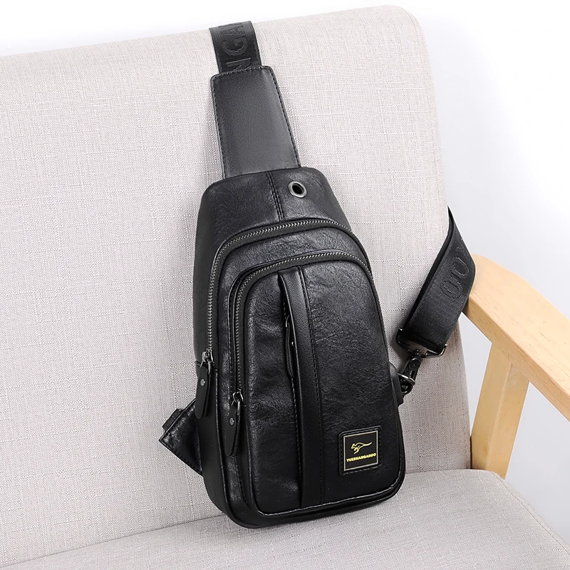 Kangaroo Luxury Brand Chest Bag Men Crossbody Bag Leather Chest Bag USB Charging Travel Sling Shoulder Bag Messenger Bag Male