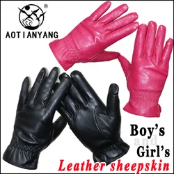 Boys Girls Natural Leather Gloves Children's Primary School Students Sheepskin Gloves Winter Warm Thick Plush New Leather Gloves