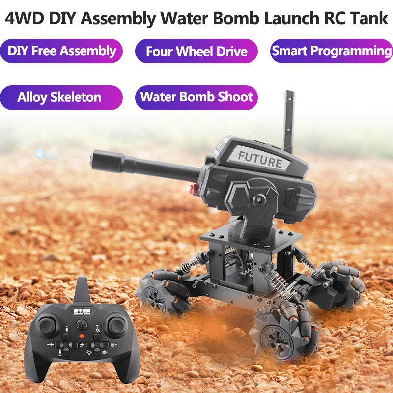 4WD Smart Programming Water Bomb Shoot RC Tank DIY Assembly Lifting Rotation Barrel Sound Effect Alloy Frame Electric Kid RC Toy