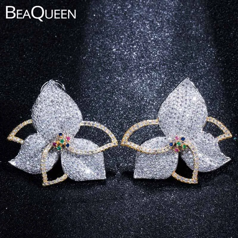 

BeaQueen Beautiful Large Leaf Flower Multicolor Cubic Zirconia Paved Women Wedding Engagement Earrings Luxury Ear Jewelry E215