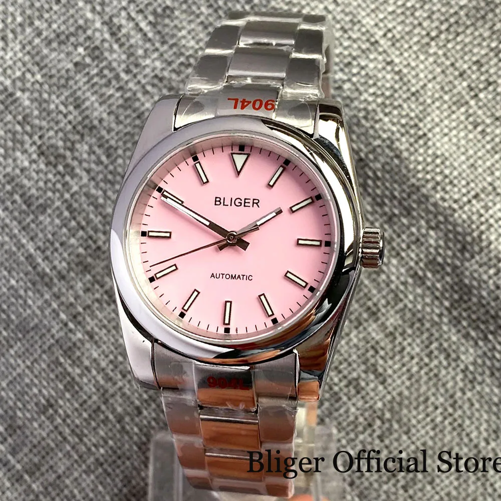 BLIGER NH35A PT5000 36mm/39mm Automatic Men Watch Glass Back Slide Lock Candy Pink/Orange/Black Dial Polished Steel bracelet