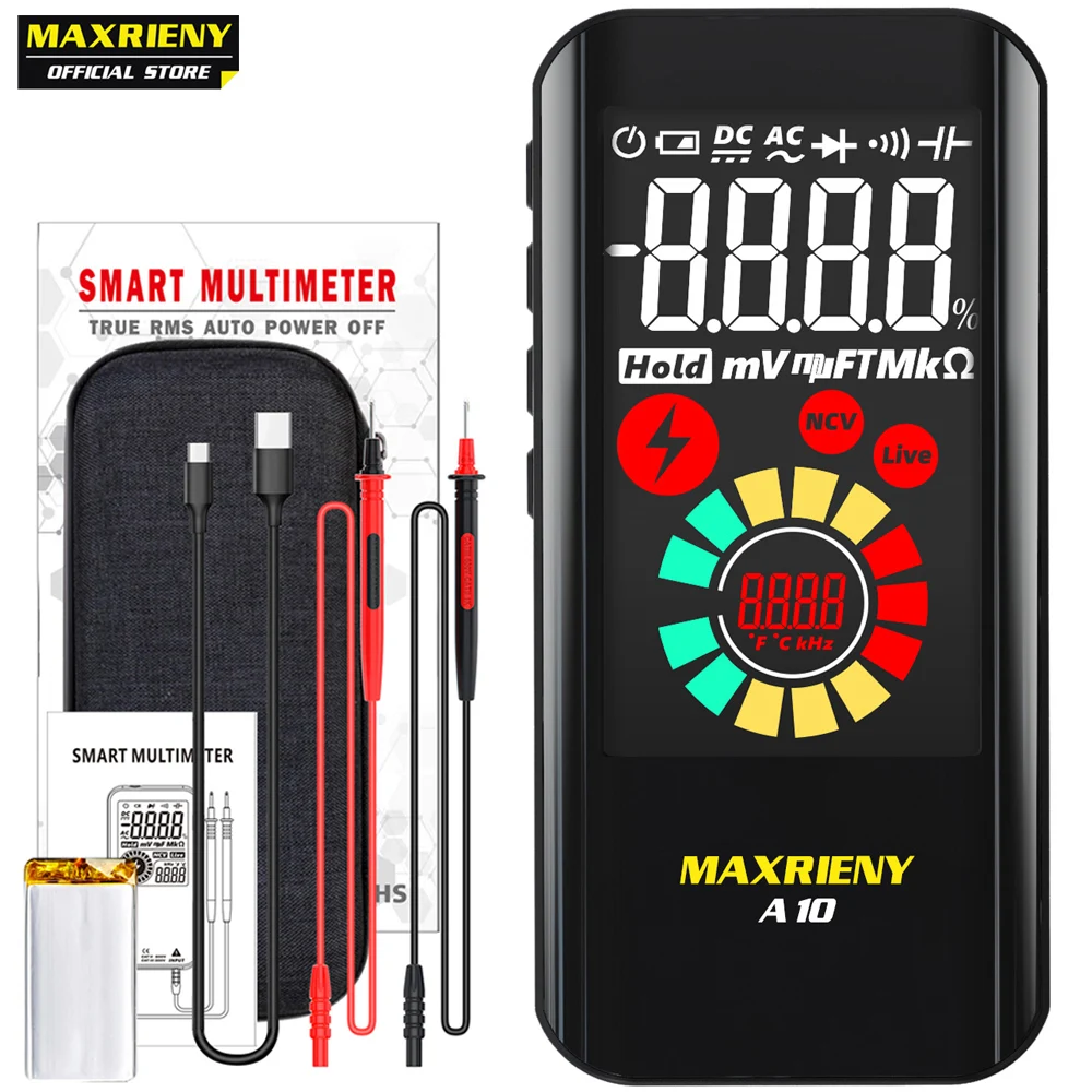 MAXRIENY Smart Digital Multimeter A10 True RMS EBTN Color Display DC AC Voltage Capacitance Ohm Diode NCV Hz Live Wire Tester