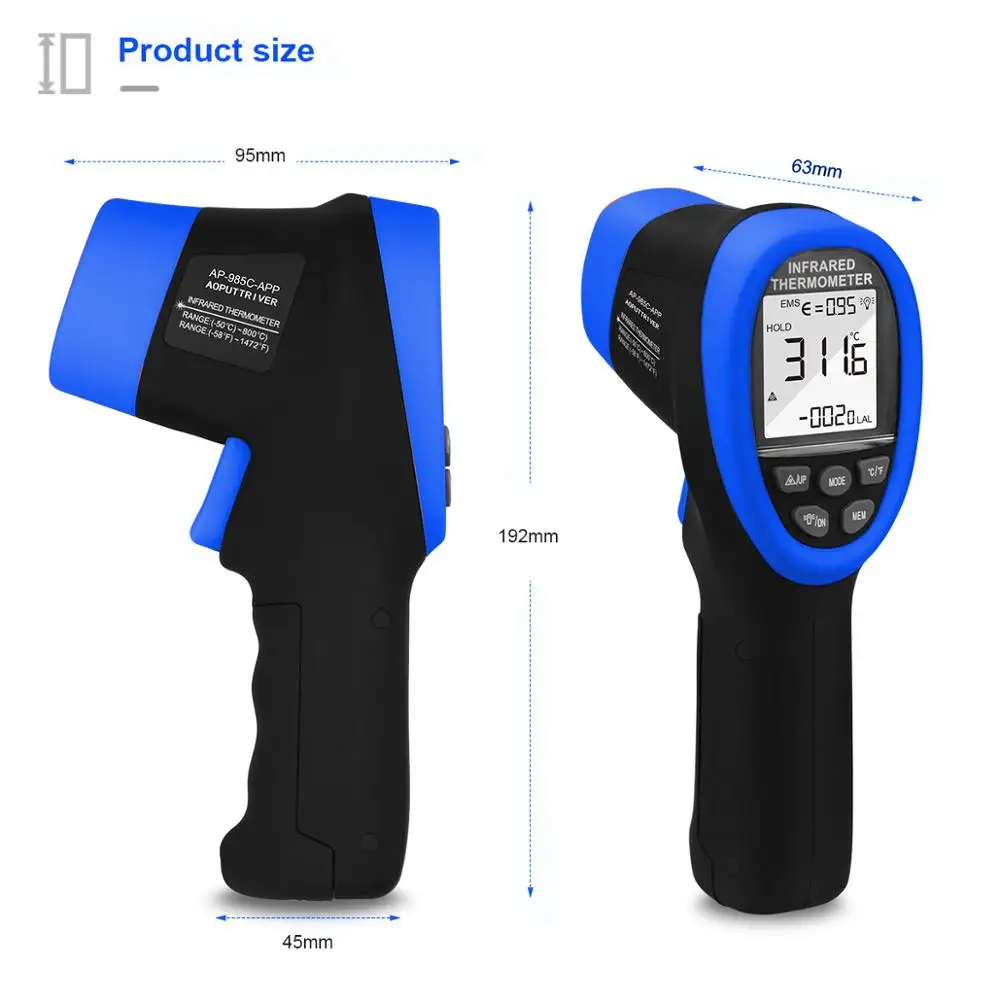 HoldPeak HP-985C-APP IR Infrared Thermometer Handhold -50-800C/-58-1472\'F Temperature Meter Gun IR Thermometer W/Bluetooth APP