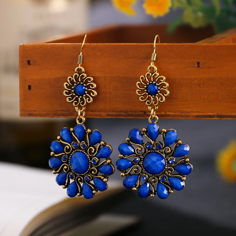 Vintage Women\'s Round Sun Flower India Earrings Female European and American Ethnic Boho Earrings Rhinestone Waterdrop Jewelry