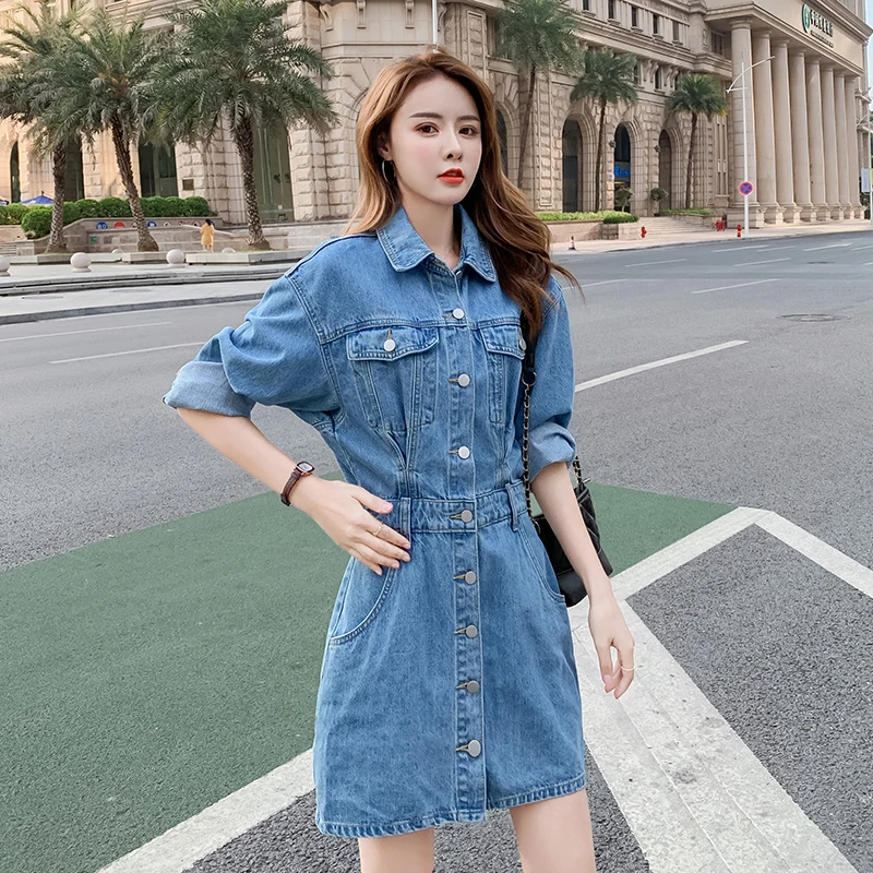 

Women's Casual Washed Denim Dress Solid Turn-down Collar Single Breasted Wrapping A-Line Mini Dresses Spring Autumn 2021
