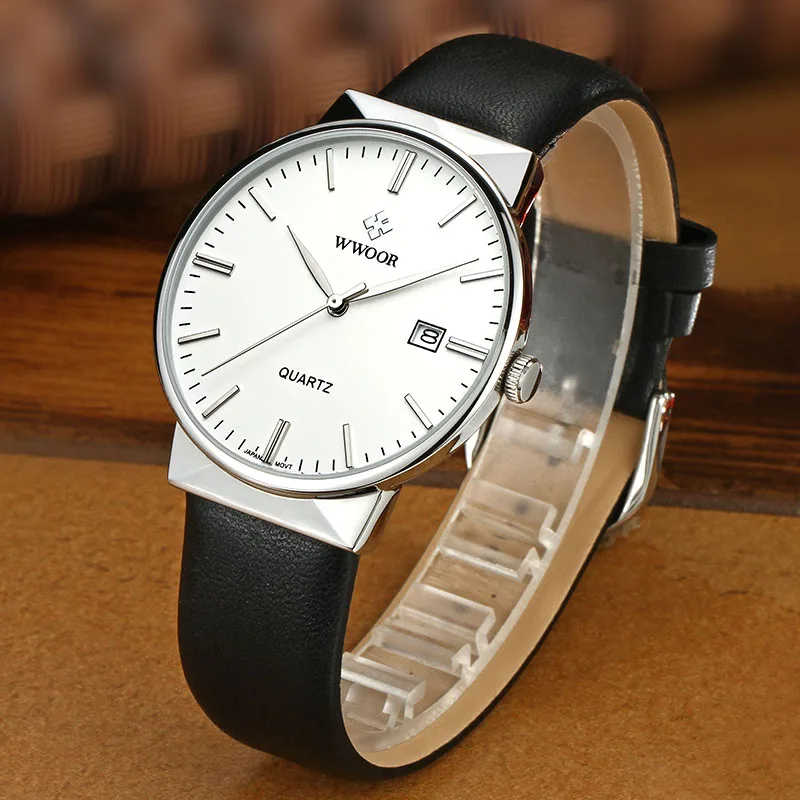 WWOOR-Reloj de pulsera de cuero genuino para hombre, accesorio masculino de marca de lujo, estilo clásico e informal, resistente al agua, de cuarzo,