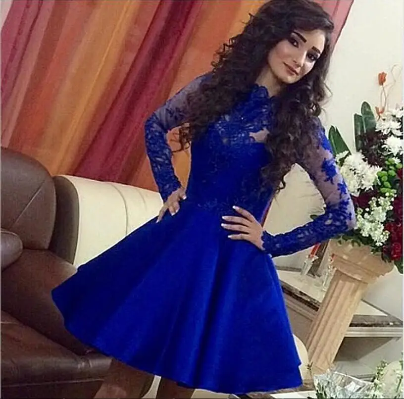 

Royal Blue Short Lace Homecoming Party Cocktail Dresses Appliques Long Sleeves High Neck Satin Sexy Prom Gowns 2021