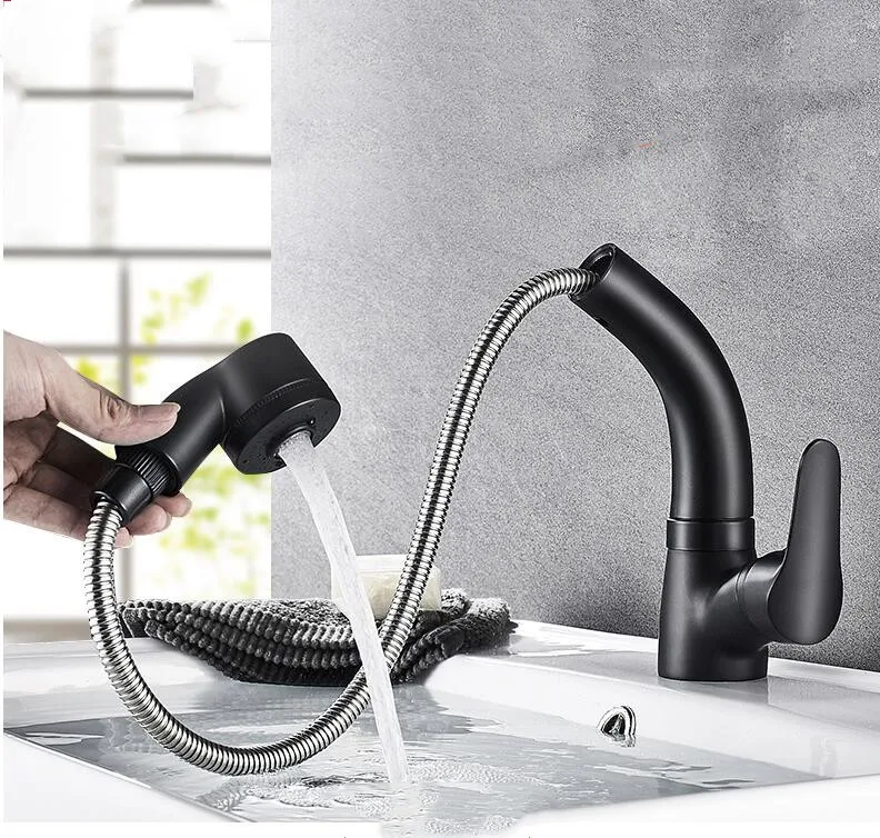 

All Copper Body Pull-out Basin Faucet Hot and Cold Above Counter Basin Wash Basin Wash Basin Faucet Retractable Black