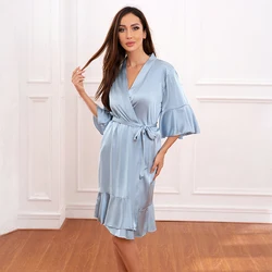 Satin Silk Robes Plus Size Wedding Bathrobe Bride Bridesmaid Mother Maid of Honor Gown Women Clothing Sleepwear Grey Blue