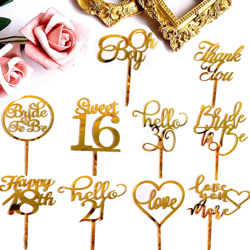 Acrylic Happy Birthday Cake Topper Gold Birde to be Wedding Cupcake Toppers Flags for Birthday Wedding Party Cake Decorations