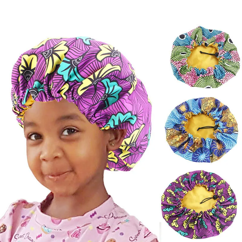 Fashion Adjustable Children Hat New Satin Silky Baby Bonnet Night Sleep Cap Laser Color Big Bonnet For 2-8Y Kids Curly Hair