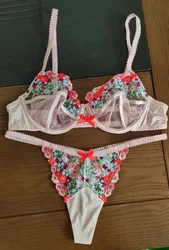 Wriufred Sexy thin embroidery lingerie with panties suit floral girl bra set underwire ladies push up underwear set