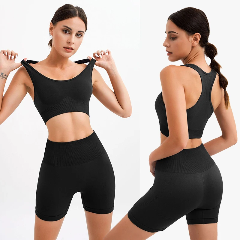 2Pcs Women Gym Set Fitness Tight Yoga Shorts Suit Seamless Sports Bra High Waist Biker Shorts Workout Outfit Set Fitness Wear