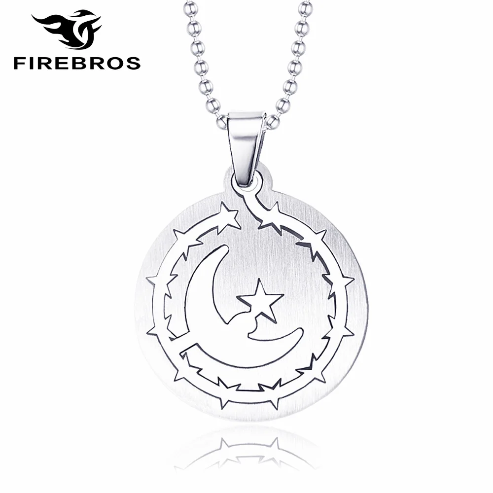 FIREBROS Stainless Steel Crescent Moon Star Necklace Arabic Turkish Islam Muslim Amulet Pendant Women Men Religious Jewelry Gift