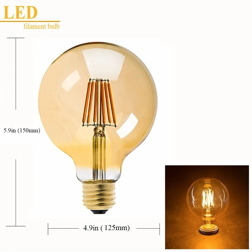 Free Shipping AMBER transparent shape G125 6Watt led retro Edison short filament bulb Light with CE RoHS ErP standard Input Volt