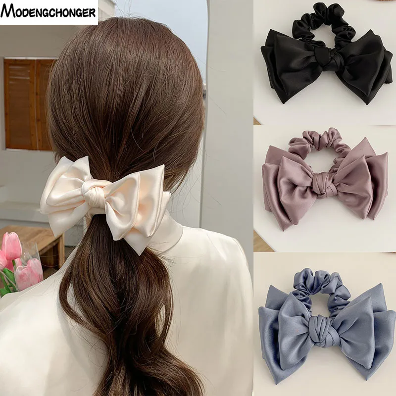 Vintage Satin Bow Hair Ribbon Scrunchie for Women Girl Fashion Elastic Hair Tie Headwear Female Ponytail Holder Hair Accessories