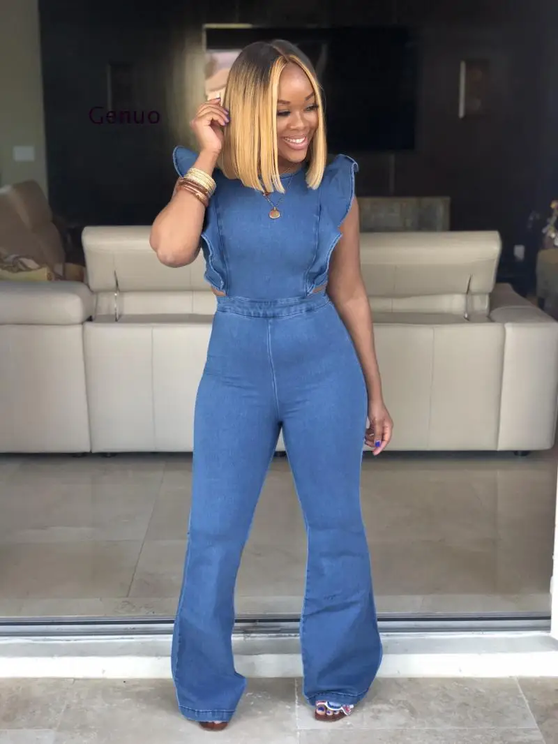 

Plus Size Casual Denim Jumpsuits Women Blue Butterfly Sleeve Backless Bandage Romper Summer Sleeveless Zipper Up Party Overall