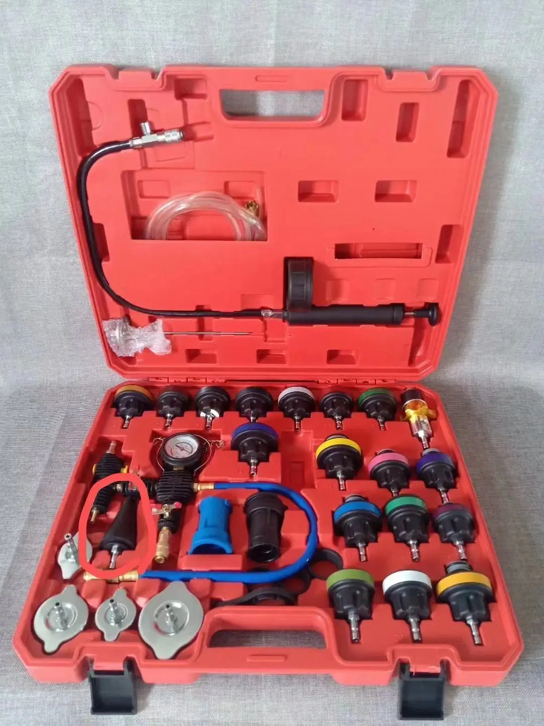 34pc Automotive Cooling System Leak Test Pneumatic Water Tank Purge Fill Tool Set with Gauge Adapter