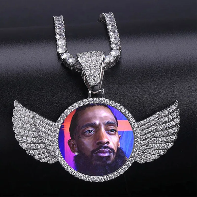 

Fashion Angel Wing Custom Pendant Photo Necklace Hip Hop Jewelry Men Women Gold Color Plated Party Rock Accessories Gift