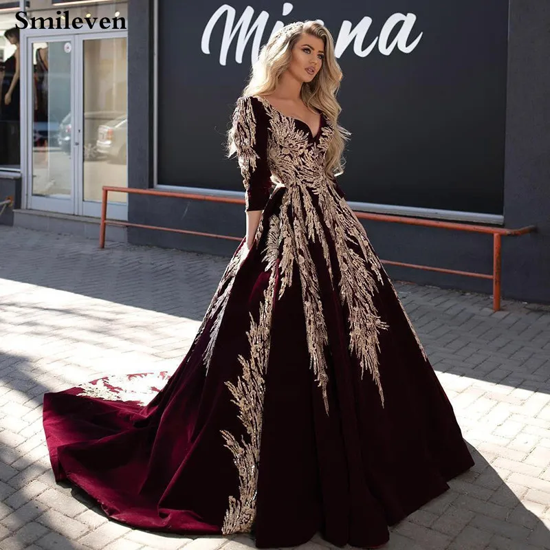 Smileven Caftan karakou algerien Formal Evening Dresses 3/4 Sleeve Burgundy Velvet Gold Lace Peplum Occasion Evening Prom Gown