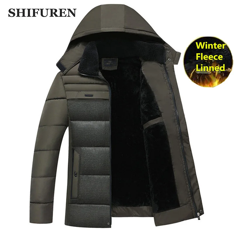 SHIFUREN Parka Men Coats 2019 Winter Warm Jacket Fleece Velvet Liner Thicken Hooded Outwear Male Cotton-padded Parka Overcoat